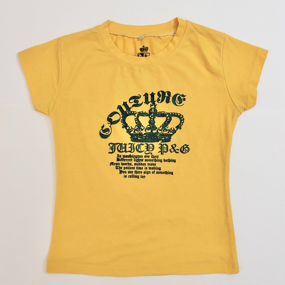 Y2K Juicy P&G T-Shirt Vintage Crown Glitter Graphic Baby Tee Small Yellow